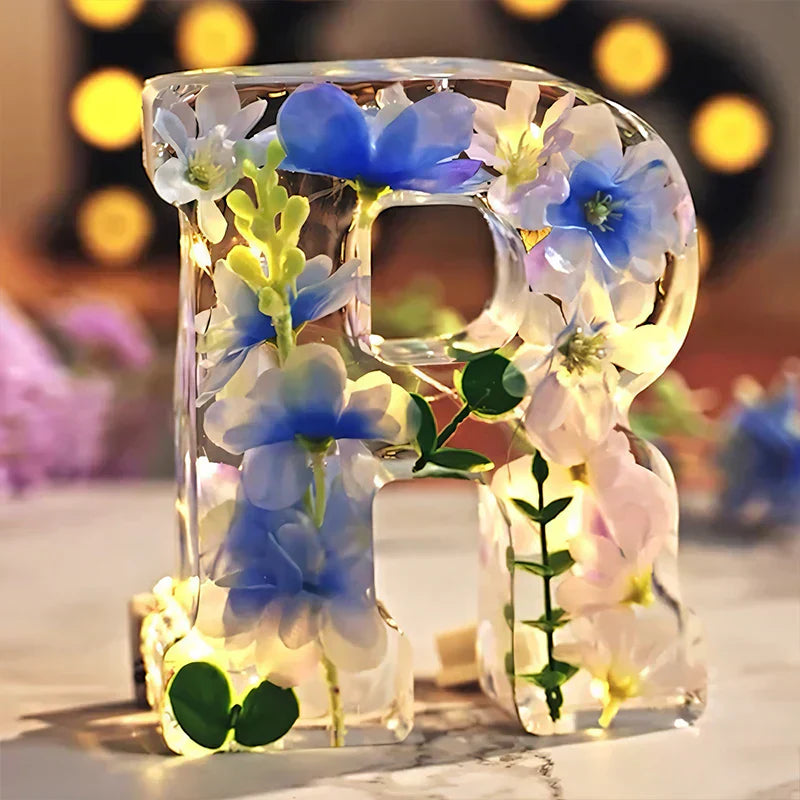Personalized Letter Resin Lamp with Dried Flowers – Custom Initial Night Light for Home Décor & Gifts