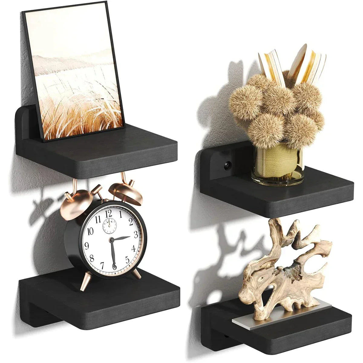 Set of 4 Wooden Floating Wall Shelves – Rustic Display Storage for Living Room, Bedroom & Office – Easy Wall Mount, Space Saving Design